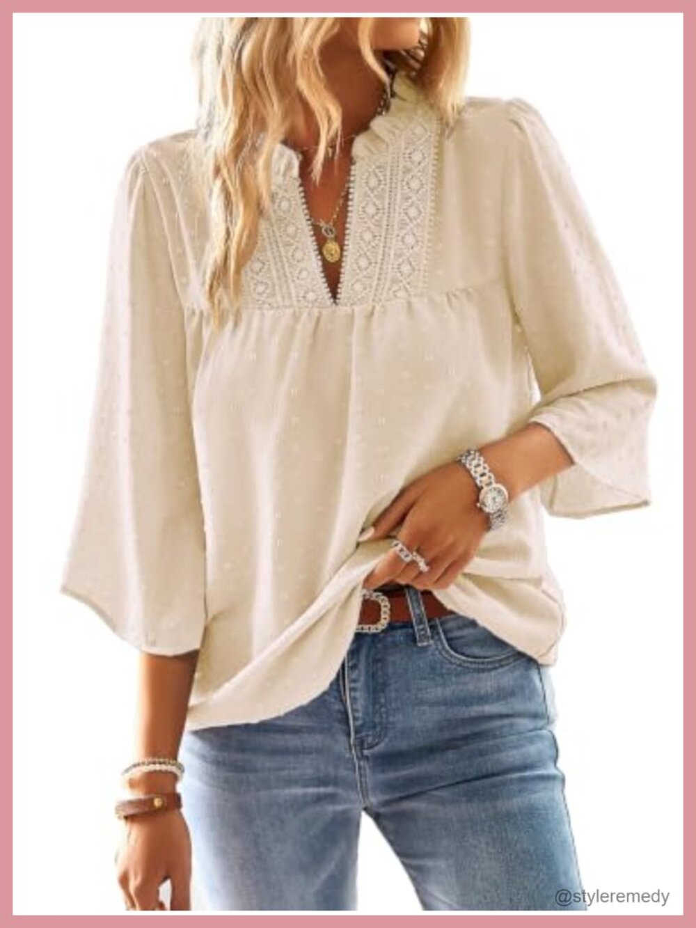 Womens V-Neck Crochet Lace Tunic Top 3/4 Bell Sleeve Swiss Dot Blouse